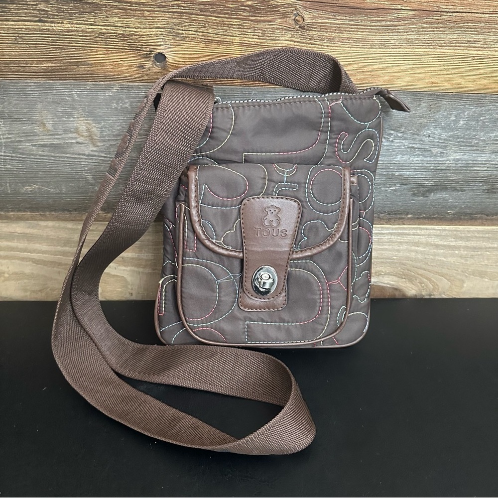 Tous Crossbody Quilted Brown Nylon Signature Logo‎ Bag Multiple Compartments